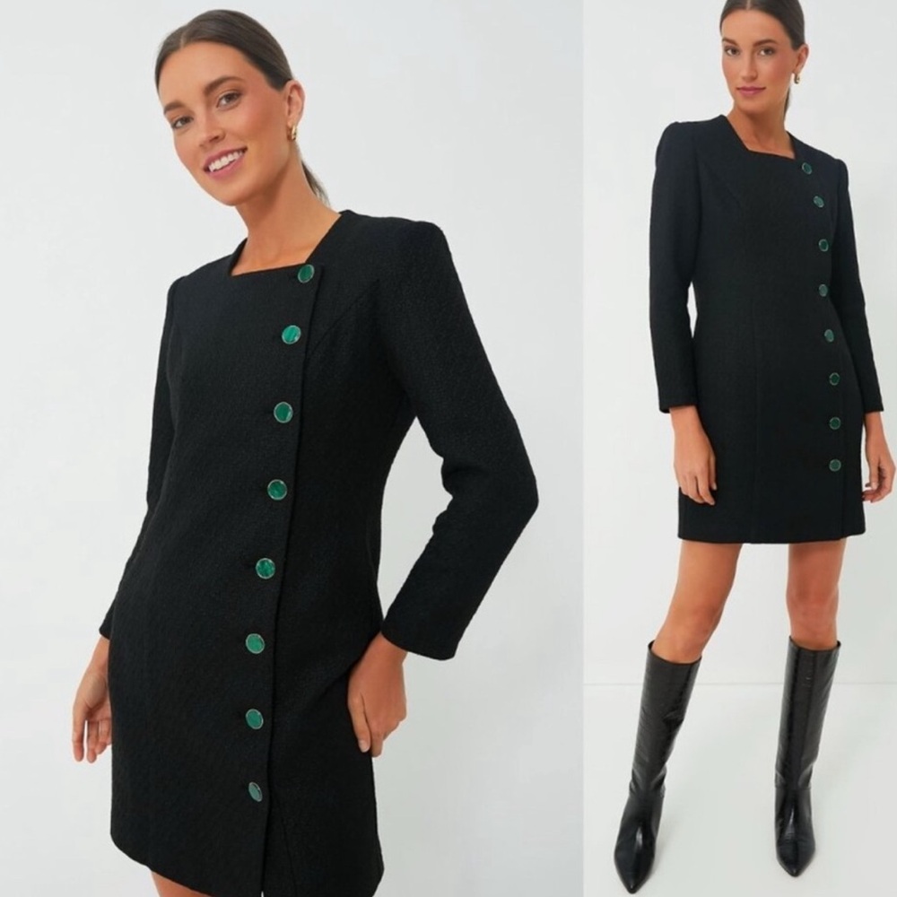 POMANDER PLACE NEW Black Tweed Retro Winslet Green Button Mini Dress Size Medium